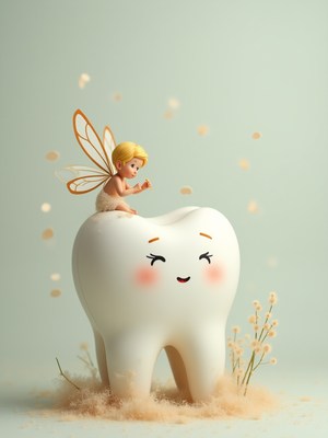 Fairy resting on a giant tooth with joyful expression