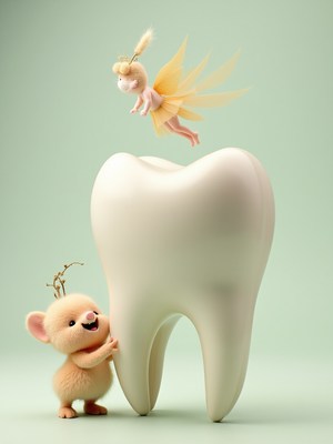 Cute fairy with a tooth and a small animal in bright setting