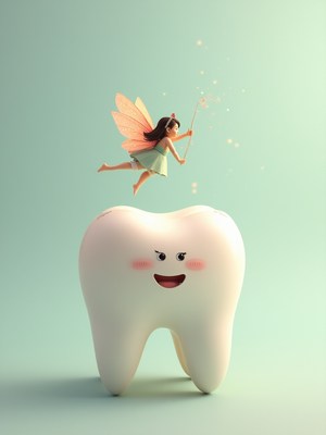 Tooth fairy casting magic above a smiling tooth