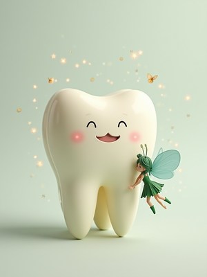 Fairy and happy tooth celebrate dental health together