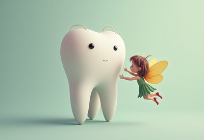Fairy meets giant tooth in a magical world