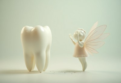 Tooth fairy and giant tooth in whimsical display