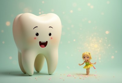 Happy tooth with fairy character in a magical setting