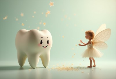 Cute tooth fairy interacts with smiling dental character