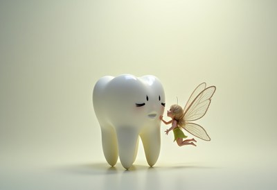 Fairy interacting with tooth in a whimsical setting