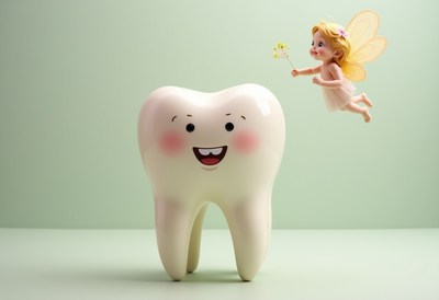 Tooth fairy visits a smiling tooth in a playful scene