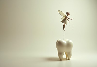 Tiny fairy perched on a large tooth figure in a soft light
