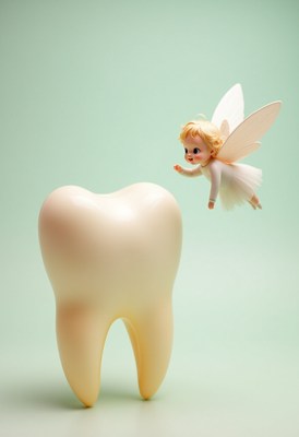 Fantasy scene with a tooth and a fairy at night
