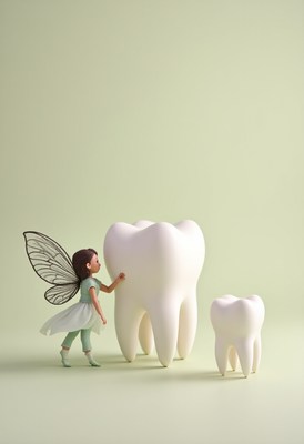 Fairy interacting with large tooth on pale background