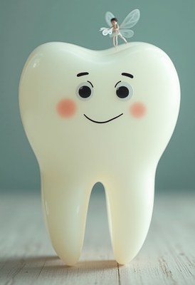 Happy tooth character with fairy on top in bright setting