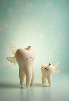 Whimsical teeth characters with wings in soft background