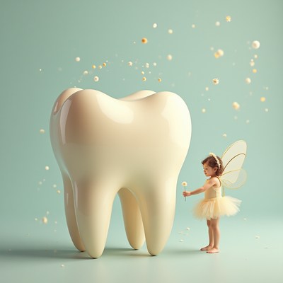 Little fairy marvels at giant tooth in whimsical scene