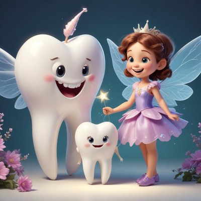 Fairy with smiling tooth character in a whimsical garden
