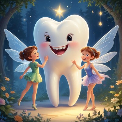Tooth fairies celebrate with a giant happy tooth