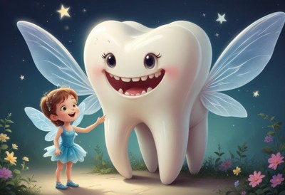 Tooth fairy meets a happy child in a magical garden
