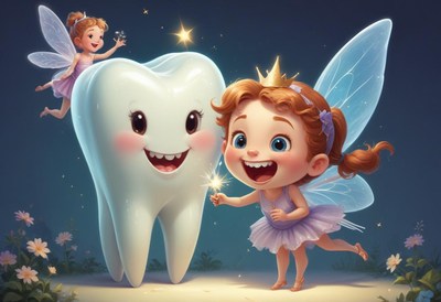 Fairy and child celebrate magical tooth moment
