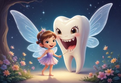 Fairy helps girl exchange tooth for treasure at night