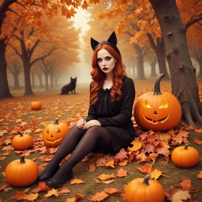Young woman in halloween setting with pumpkins and leaves