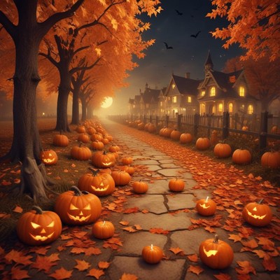 Halloween night with glowing pumpkins in a cozy town street