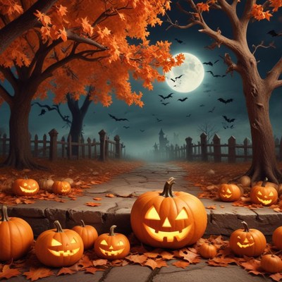 Spooky halloween scene with carved pumpkins at night