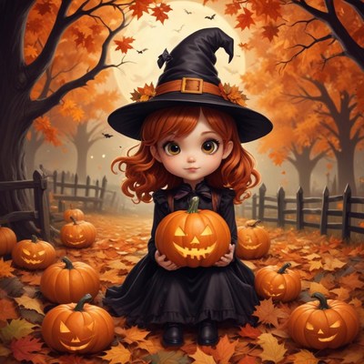 Young witch holding a pumpkin in autumn forest