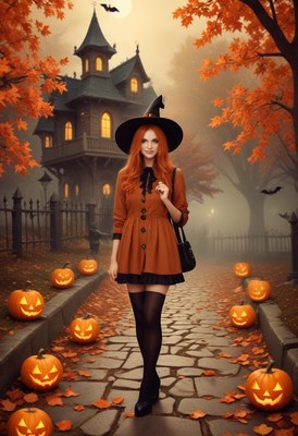 Woman in witch costume walking through autumn scenery