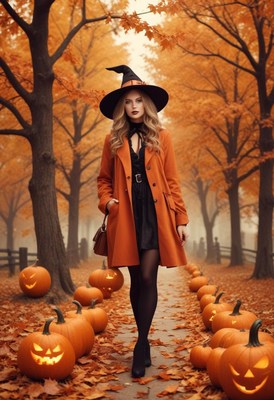 Witch walking among pumpkins in autumn park
