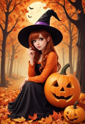 Witch in a pumpkin patch during autumn season