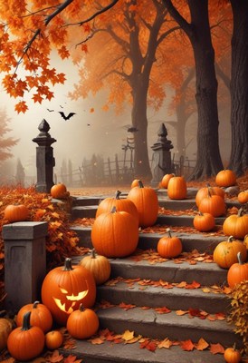 Pumpkins and autumn leaves decorate spooky staircase