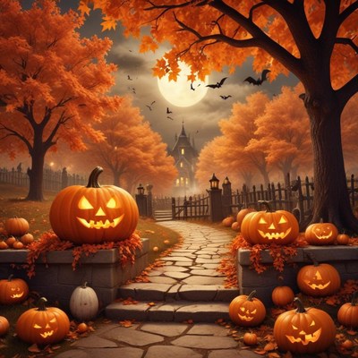 Spooky pumpkin patch with autumn trees at night