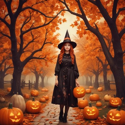 Witch with pumpkins in a spooky autumn setting