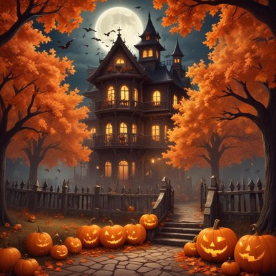 Spooky haunted house with pumpkins under a full moon