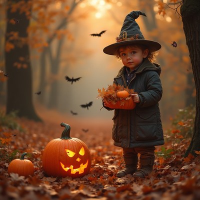 Child dressed as a witch with pumpkins in autumn forest