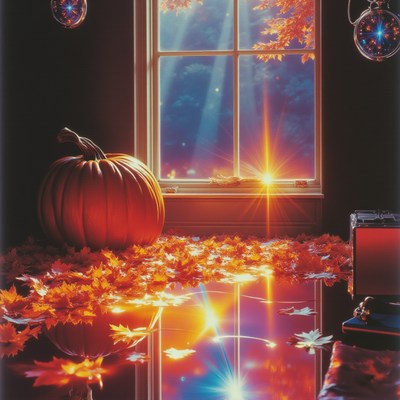 Warm autumn light shines through window with pumpkin decor