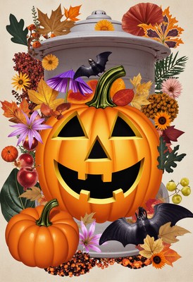 Festive pumpkin display with autumn leaves and decorations