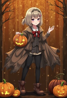 Girl in a cloak with pumpkins in a spooky setting