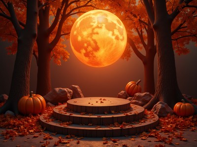 Vibrant autumn night with a full moon and pumpkins