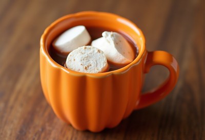 Warm drink with marshmallows in an orange mug