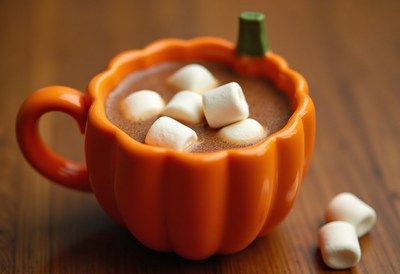 Warm pumpkin spice drink with marshmallows for fall