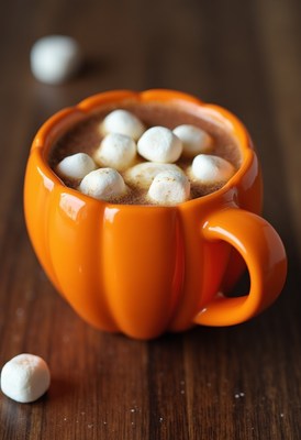 Cozy pumpkin mug filled with hot chocolate and marshmallows