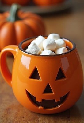 Cozy orange mug filled with marshmallows for halloween