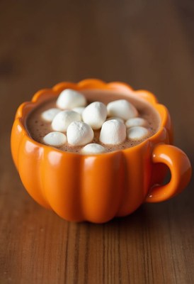 Warm pumpkin spice drink with marshmallows in cozy cup