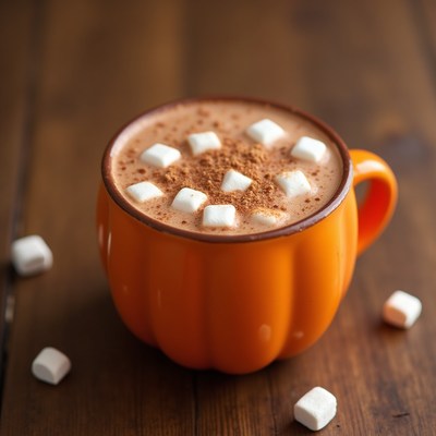 Warm pumpkin spice drink with marshmallows during fall