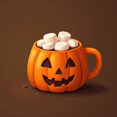 Hot cocoa in a pumpkin mug with marshmallows