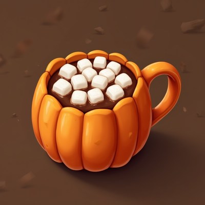 Cozy pumpkin mug filled with hot chocolate and marshmallows