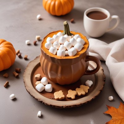 Cozy pumpkin spice drink with marshmallows and cookies