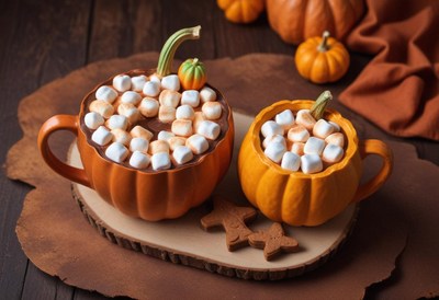 Warm drinks served in pumpkin mugs for fall enjoyment