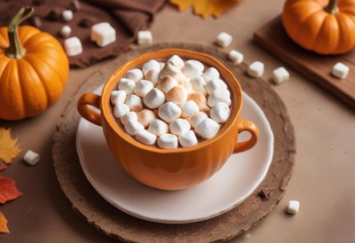 Cozy pumpkin spice drink with marshmallows in autumn setting