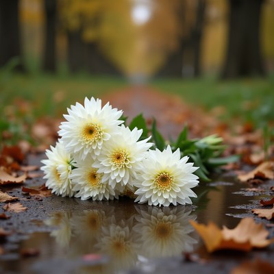 White flowers rest on a damp path in autumn