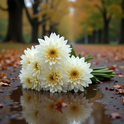 White flowers on a wet path surrounded by autumn leaves